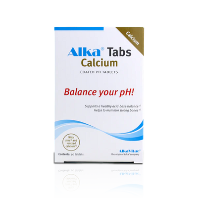Alka® Tabs by Fisa Health: bottle of 90 coated pH tablets containing zinc, ionic calcium, and sodium bicarbonate. Branding and product details visible on the label. Available at Fisa Health.