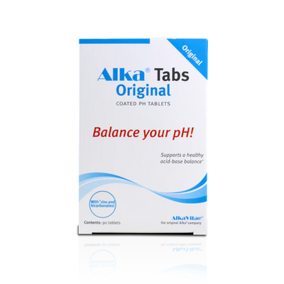 Box of Alka® Tabs by Fisa Health containing 90 coated sodium bicarbonate tablets in white and blue packaging, available at Fisa Health.