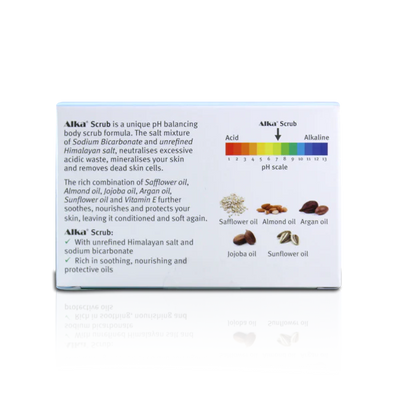A box of Alka® Scrub from displaying a pH scale, illustrations of safflower, almond, argan, jojoba, and sunflower oils, along with product information text; available at Fisa Health.