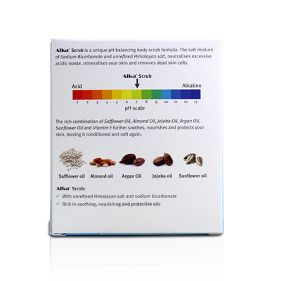 Back of Alka® Scrub packaging with a pH scale, images of ingredients, and product information. Available at Fisa Health.