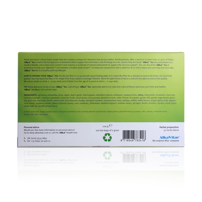 Back of a green Alka® Tea box displays instructions, ingredients, and contact details in white text, with barcode and recycling symbol at the bottom; available at Fisa Health.
