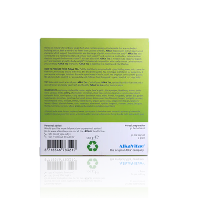 Back of an Alka Tea box shows product ingredients, preparation instructions, recycling symbols, and company information on a white background; available at Fisa Health.