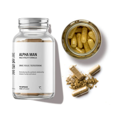A bottle of Alpha man Multi Mineral, Testosterone & Libido Boosting 90 Caps with an open jar and capsules on a white background, available at Fisa Health.