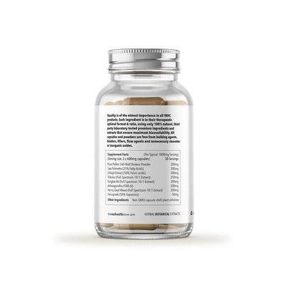 Alpha man: a transparent bottle with a silver lid containing 90 capsules. The back label displays supplement facts, ingredients, and dosage instructions, available at Fisa Health.
