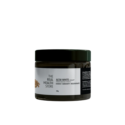A dark jar labeled Altai White Shilajit, Premium Brakshun Stone Oil 30g, made from Altai Mountains white shilajit, placed on a white background, available at Fisa Health.