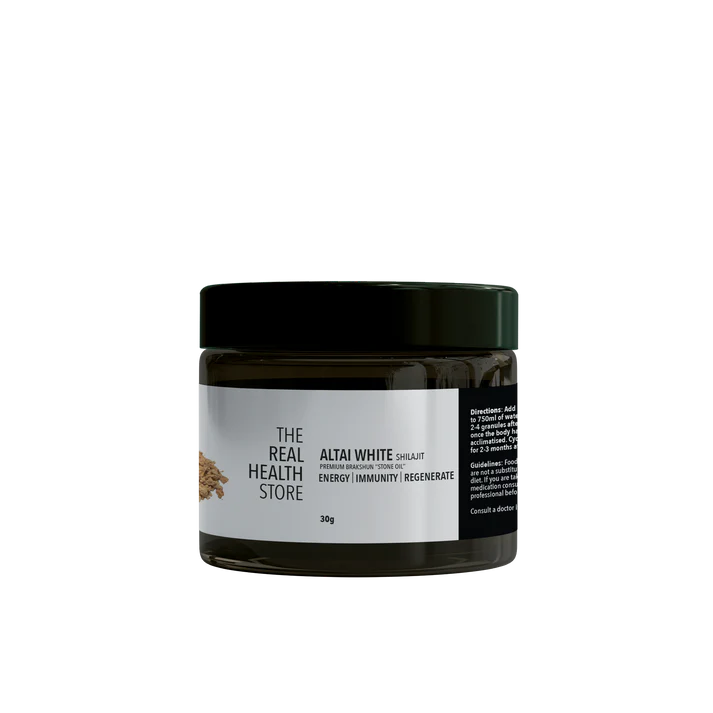 A dark jar labeled Altai White Shilajit, Premium Brakshun Stone Oil 30g, made from Altai Mountains white shilajit, placed on a white background, available at Fisa Health.