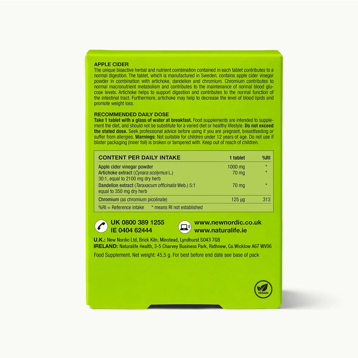 Back of a green New Nordic Apple Cider Vinegar Mega Strength 30 Tablets 1000mg box, detailing ingredients, dosage, and chromium content, available at Fisa Health.