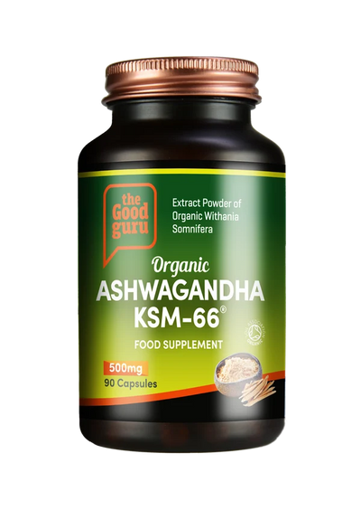 A dark amber glass bottle of The Good Guru Organic Ashwagandha KSM-66® 90 capsules, available at Fisa Health.