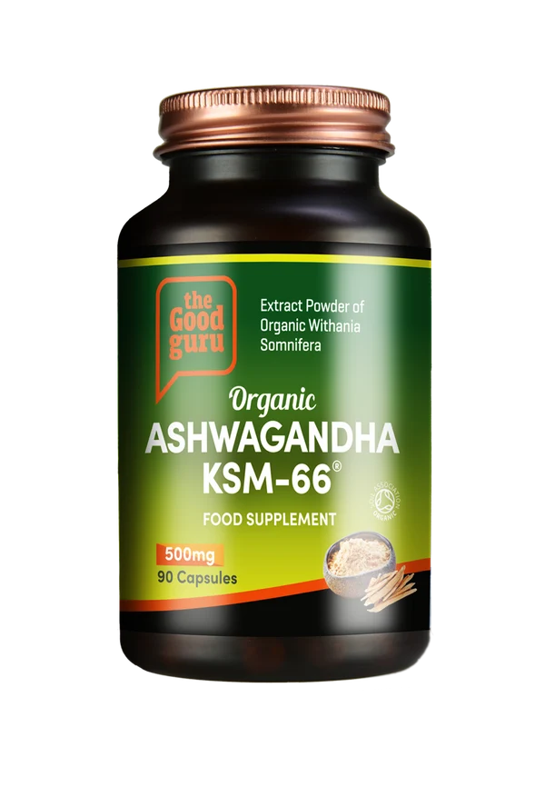 A dark amber glass bottle of The Good Guru Organic Ashwagandha KSM-66® 90 capsules, available at Fisa Health.