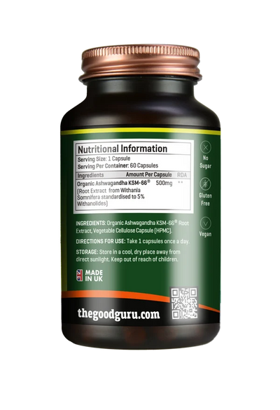 Amber plastic bottle of The Good Guru Organic Ashwagandha KSM-66® 90 capsules, available at Fisa Health.