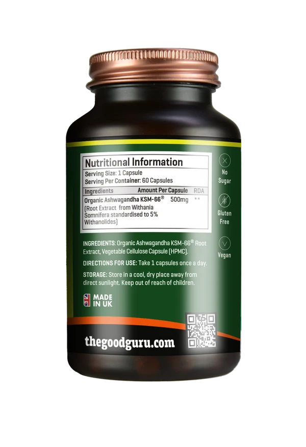 Amber plastic bottle of The Good Guru Organic Ashwagandha KSM-66® 90 capsules, available at Fisa Health.