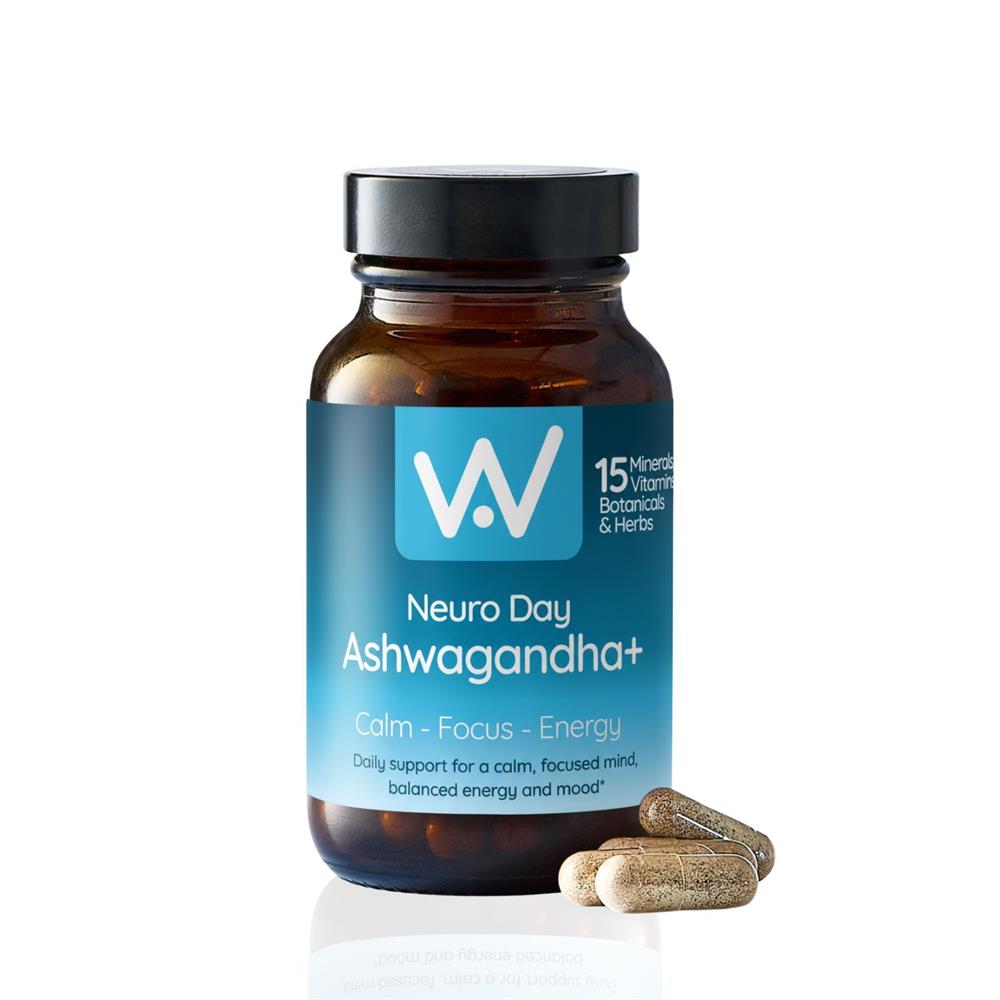 A brown Well Actually Neuro Day Ashwagandha+ bottle with capsules. The label shows it contains 15 nutrients and 60 capsules per bottle, available at Fisa Health.
