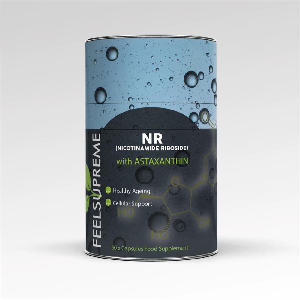Feel Supreme's Premium NR and Astaxanthin Supplement (60 capsules) displayed in a sleek cylindrical container with water droplets and molecular designs, available at Fisa Health.