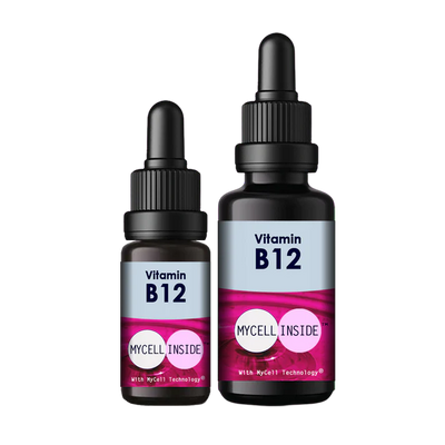 Two dropper bottles labeled Mycell Inside Vitamin B12 with a purple and white design on a plain white background, available at Fisa Health.