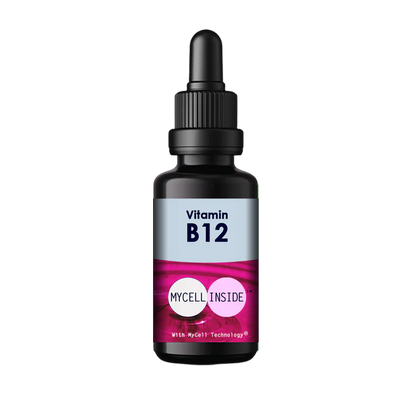 A dark dropper bottle labeled "Mycell Inside Vitamin B12" with a pink and blue design, available at Fisa Health.