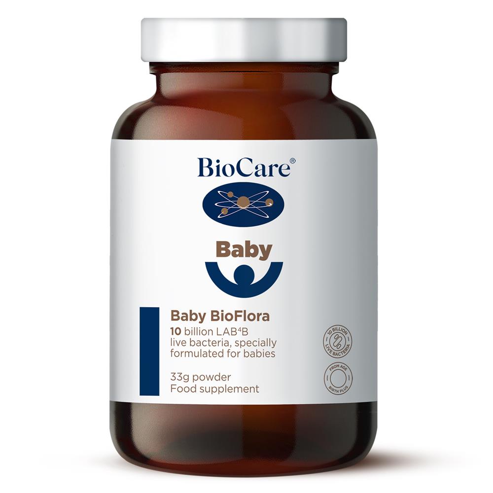 A brown bottle of BioCare Baby BioFlora 33g with LAB4B probiotics, shown on a white background, available at Fisa Health.