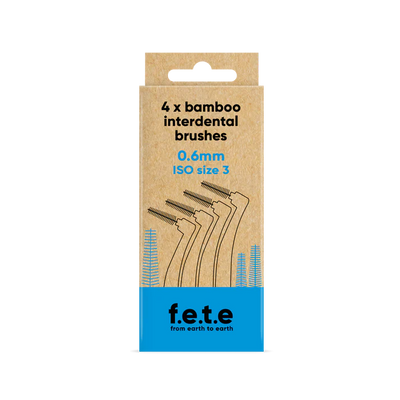 A cardboard box showing F.E.T.E. Bamboo Interdental Brushes, 4 x 0.6mm ISO size 3, with images of brushes and "earth to earth" eco-friendly branding at the bottom, available at Fisa Health.