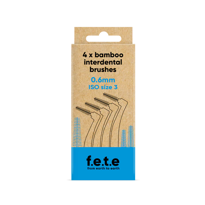 A cardboard box showing F.E.T.E. Bamboo Interdental Brushes, 4 x 0.6mm ISO size 3, with images of brushes and "earth to earth" eco-friendly branding at the bottom, available at Fisa Health.
