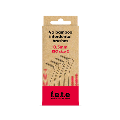 A cardboard box of F.E.T.E. Bamboo Interdental Brushes (4 x 0.5mm ISO 2) features eco-friendly branding and brush illustrations, available at Fisa Health.