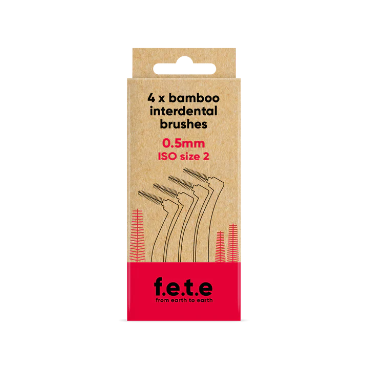 A cardboard box of F.E.T.E. Bamboo Interdental Brushes (4 x 0.5mm ISO 2) features eco-friendly branding and brush illustrations, available at Fisa Health.