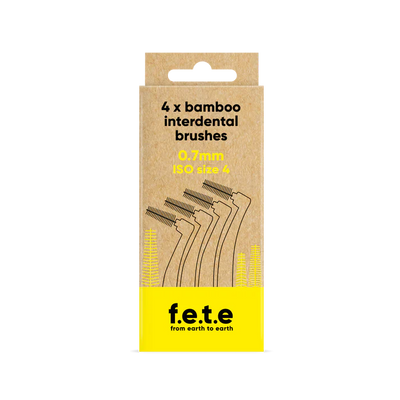 A cardboard box of F.E.T.E. Bamboo Interdental Brushes, 4 pack, 0.7mm ISO size 4, with eco-friendly branding and brush illustrations, available at Fisa Health.