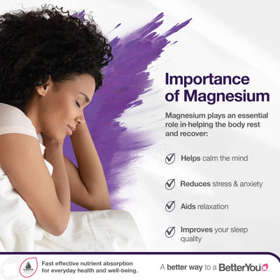 A woman sleeping in bed next to a list of details for BetterYou Magnesium Sleep Mineral Lotion 180ml, available at Fisa Health.