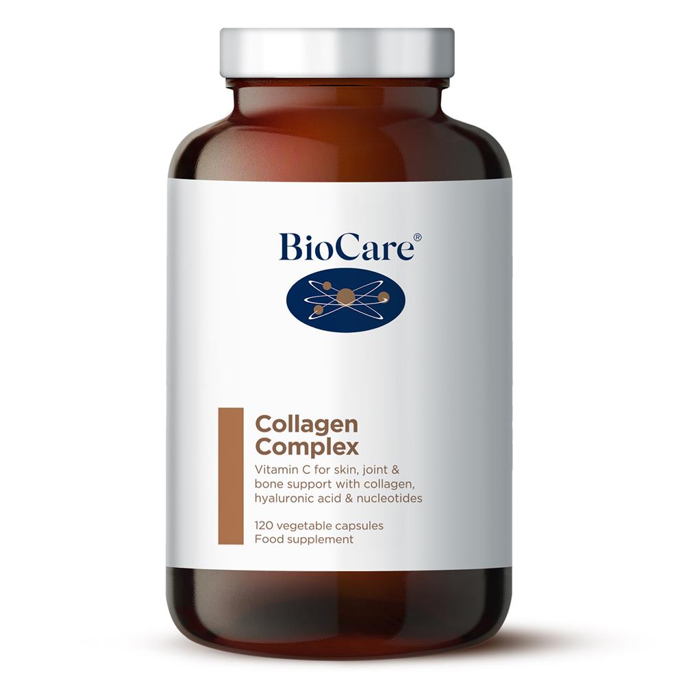 A brown bottle labeled BioCare Collagen Complex, a food supplement containing 120 capsules, available at Fisa Health.
