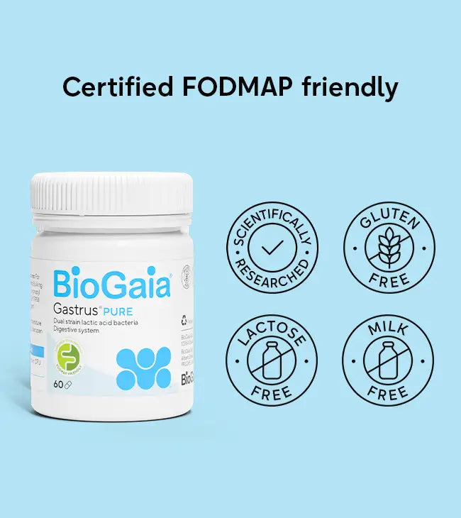 A bottle of BioGaia® Gastrus® PURE is displayed next to icons indicating it is gluten free, lactose free, and milk free, available at Fisa Health.