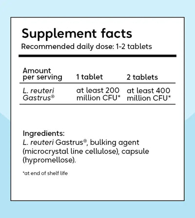 Supplement facts label for BioGaia® Gastrus® PURE, a FODMAP Friendly probiotic showing dosage information, CFU per tablet, and listed ingredients such as microcrystalline cellulose and capsule, available at Fisa Health.