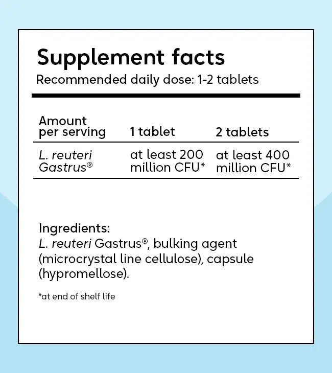 Supplement facts label for BioGaia® Gastrus® PURE, a FODMAP Friendly probiotic showing dosage information, CFU per tablet, and listed ingredients such as microcrystalline cellulose and capsule, available at Fisa Health.
