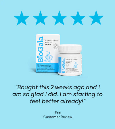 A box of BioGaia Gastrus Tablets 30s with visible 5-star rating and a customer review, available at Fisa Health.