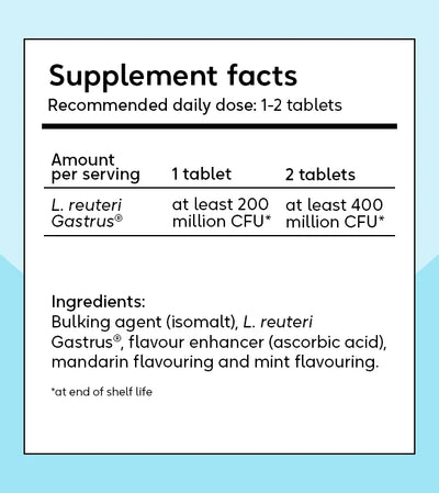 BioGaia Gastrus Tablets 30s by BioGaia. Packaging shows supplement facts label with serving size, CFU per dose, and listed ingredients. Available at Fisa Health.