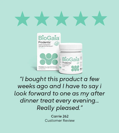 BioGaia Prodentis Lozenges 30s pack and bottle with visible star rating and customer review text on packaging, available at Fisa Health.