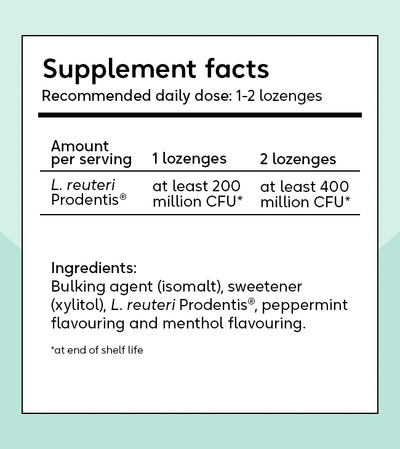 BioGaia Prodentis Lozenges 30s, showing supplement facts label with serving size of 1–2 lozenges, L. reuteri Prodentis®, full ingredient list, and daily dose information; available at Fisa Health.