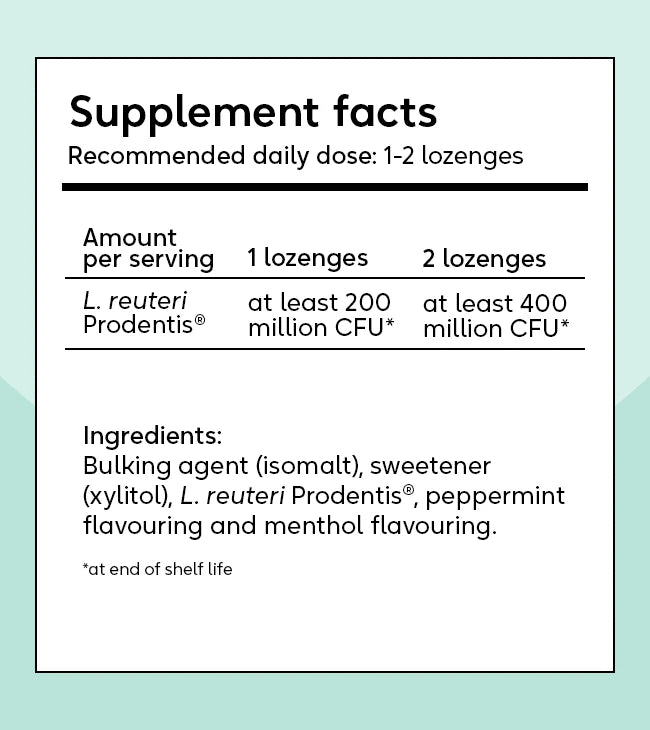 BioGaia Prodentis Lozenges 30s, showing supplement facts label with serving size of 1–2 lozenges, L. reuteri Prodentis®, full ingredient list, and daily dose information; available at Fisa Health.