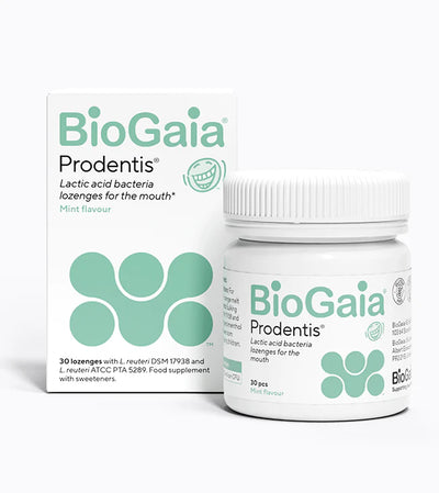 A box and container of BioGaia Prodentis Lozenges 30s, white with green text and mint label, shown against a plain background. Available at Fisa Health.