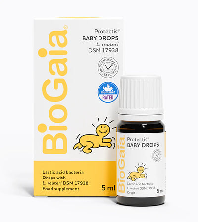 BioGaia Protectis Baby Drops 5ml box and bottle from FISA Health shown, both with the brand name and a yellow cartoon baby illustration; available at Fisa Health.