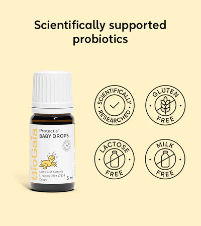 BioGaia Protectis Baby Drops 5ml bottle with yellow and white packaging, showing the BioGaia brand and product name; available at Fisa Health.