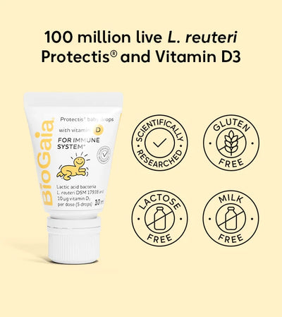 A bottle of BioGaia Protectis Baby Drops with Vitamin D 10ml, shown with icons indicating scientifically researched, gluten free, lactose free, and milk free, available at Fisa Health.