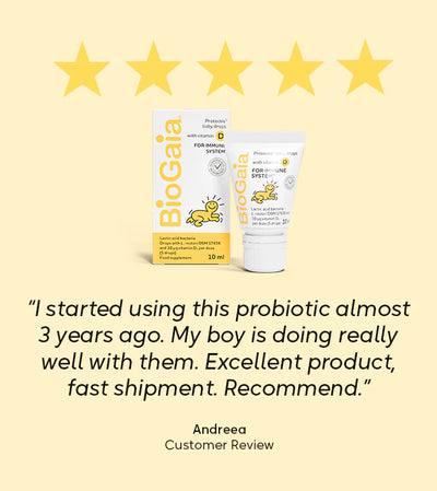BioGaia Protectis Baby Drops with Vitamin D 10ml bottle is displayed alongside its packaging, available at Fisa Health.
