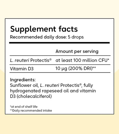 BioGaia Protectis Baby Drops with Vitamin D; bottle labeled with product name, 5 drops provide L. reuteri (100M CFU) and 10μg vitamin D in sunflower/rapeseed oil, available at Fisa Health.