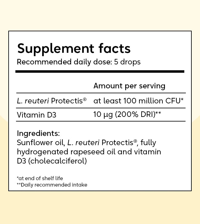 BioGaia Protectis Baby Drops with Vitamin D; bottle labeled with product name, 5 drops provide L. reuteri (100M CFU) and 10μg vitamin D in sunflower/rapeseed oil, available at Fisa Health.