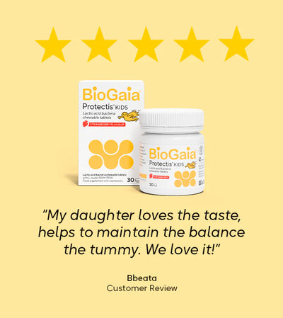 BioGaia Protectis Strawberry Kids Tablets 30s box with five stars and a positive review highlighting their strawberry flavor, available at Fisa Health.