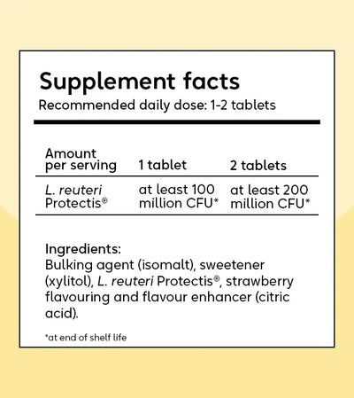 BioGaia Protectis Strawberry Kids Tablets 30s box, featuring product branding and details such as L. reuteri Protectis®, xylitol, strawberry flavor, and citric acid, available at Fisa Health.