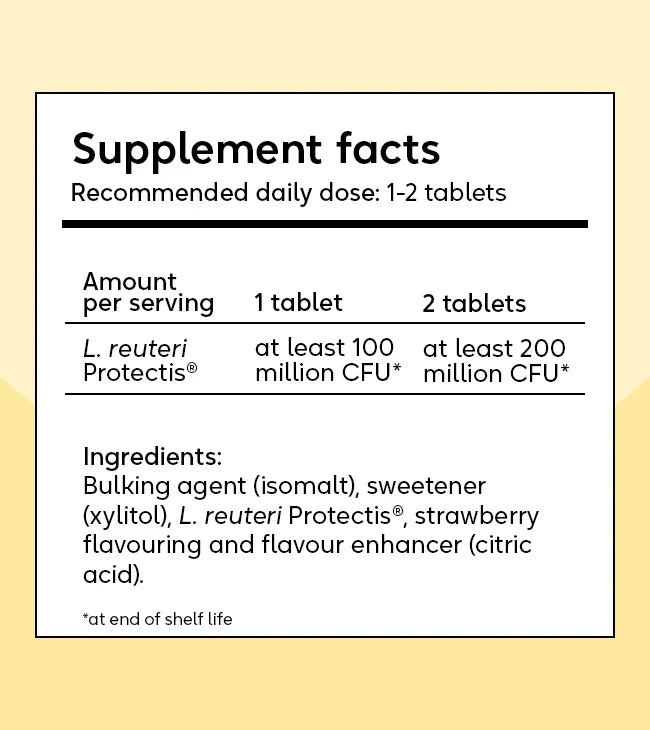 BioGaia Protectis Strawberry Kids Tablets 30s box, featuring product branding and details such as L. reuteri Protectis®, xylitol, strawberry flavor, and citric acid, available at Fisa Health.