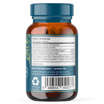 A brown bottle labeled "Boswellia Serrata and Turmeric - 60 Capsules" displays a list of ingredients and a barcode, available at Fisa Health.