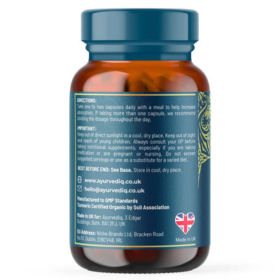 A brown bottle labeled Boswellia Serrata and Turmeric (60 capsules) with a blue label, featuring usage instructions, support info, storage tips, contact details, and a Made in UK symbol, available at Fisa Health.