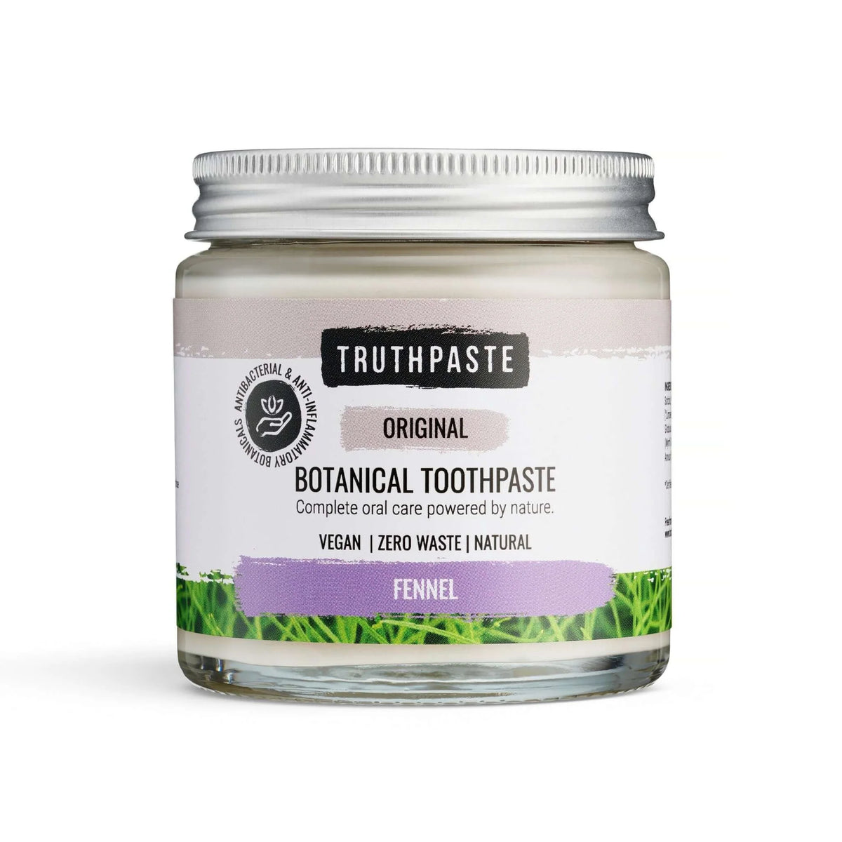 A glass jar of Truthpaste Original: Fennel Toothpaste 100ml with a silver lid, available at Fisa Health.