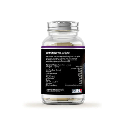 A clear bottle with a silver lid contains white capsules labeled Raw Sport Brain Fuel Nootropic, showing plant-based vitamins and supplement facts. Made in Britain logo is visible, available at Fisa Health.