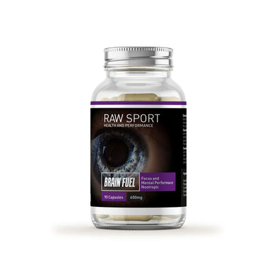 A clear bottle labeled Raw Sport Brain Fuel Nootropic containing 90 capsules (600mg), featuring a blue eye design and plant-based ingredients, available at Fisa Health.